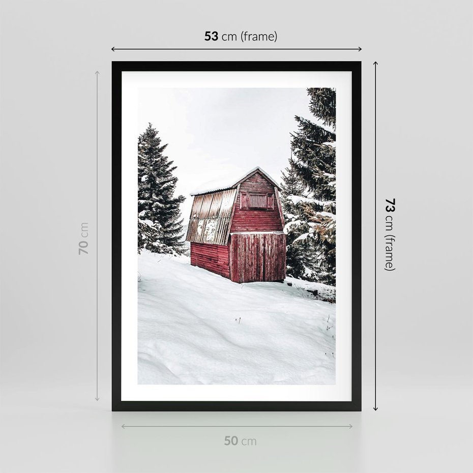 Plakat w ramie 50x70 - Domek w Śnieżnych Górach - domek, góry - rama czarna