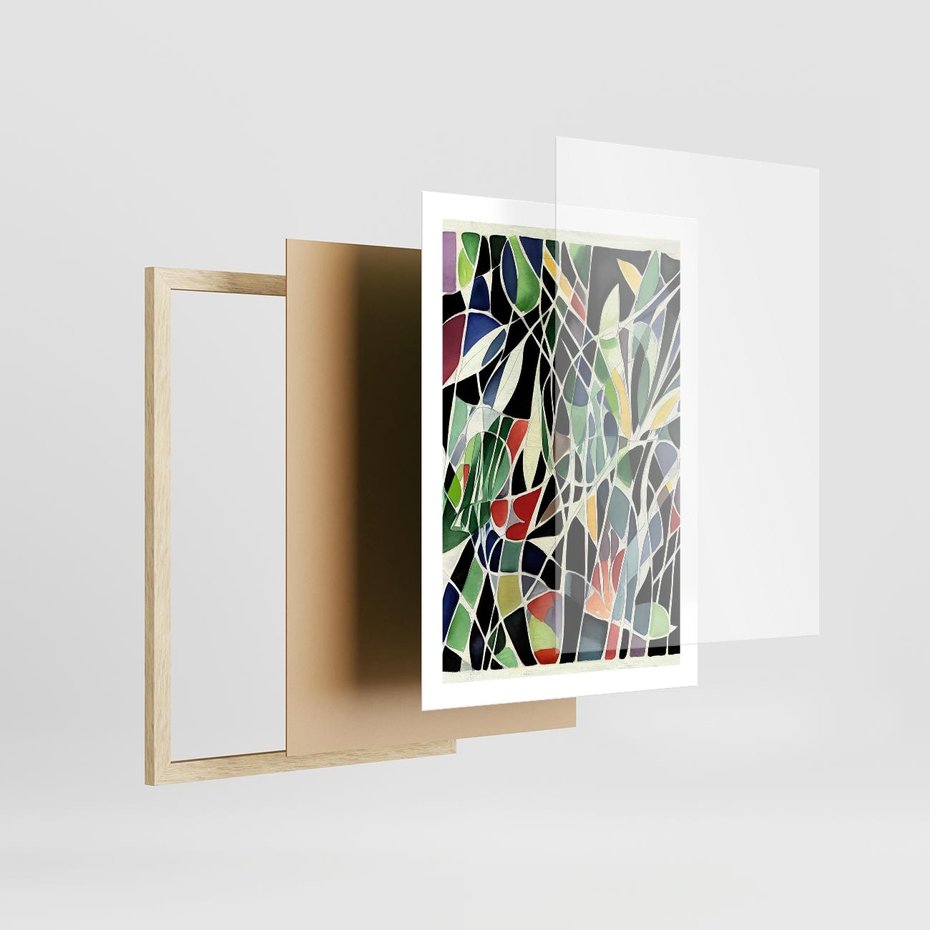 Plakat w ramie 50x70 - Taniec Plam i Kształtów - abstrakcyjny akwarelowy obraz, plamy - rama drewno