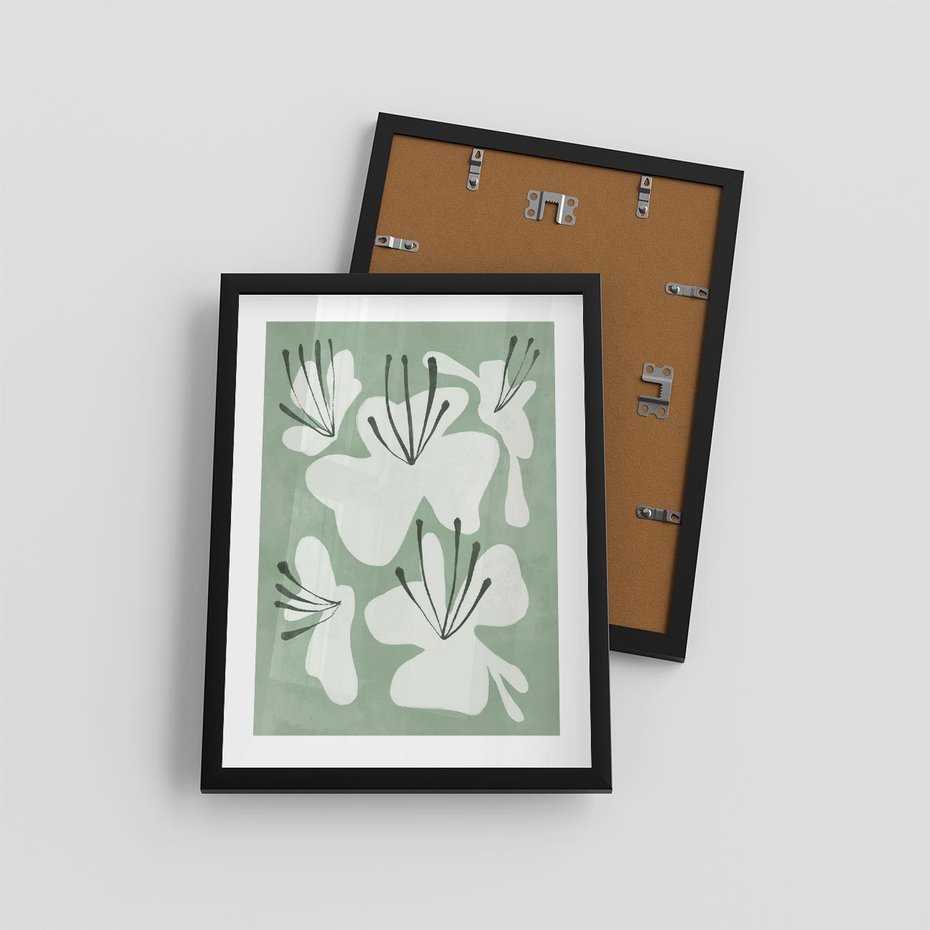 Plakat w ramie 30x40 - Rozkwitające Ukojenie - zgaszona zieleń, kwiaty - rama czarna