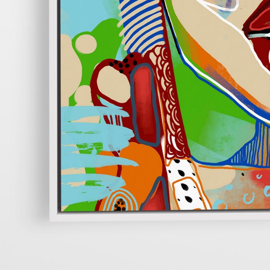 Obraz w ramie 80x80 - Kolorowe Formy - abstrakcyjny portret kobiety, twarz - rama biała