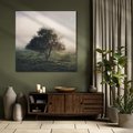 Obraz na płótnie 40x40 - Zamglona Prostota - artystyczna fotografia, samotne drzewo na zamglonej łące