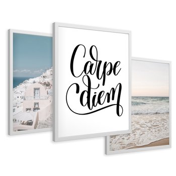 Zestaw obrazy w ramie 40x50 galeria - Carpe, diem, Santorini, plaża, morze - rama biała
