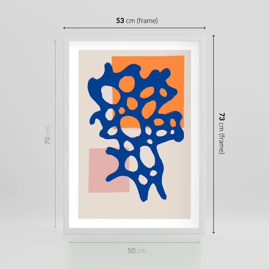 Plakat w ramie 50x70 - Migotliwe Nastroje - abstrakcyjna niebieska forma, dziwne kształty - rama biała