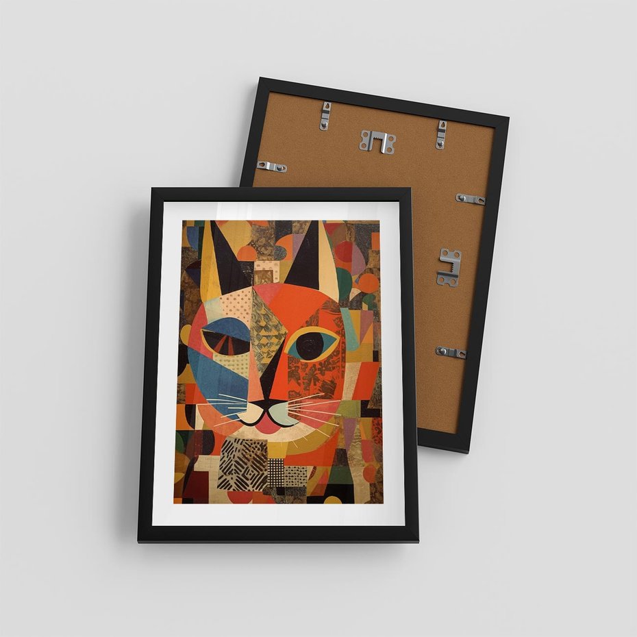 Plakat w ramie 30x40 - Impresje Nieznanych Odniesień - abstrakcyjny obraz olejny, kot - rama czarna