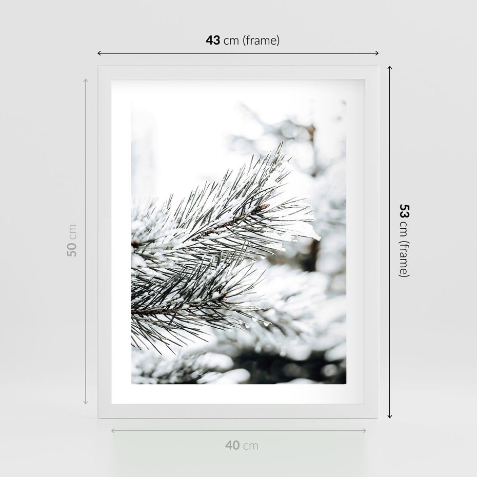 Plakat w ramie 40x50 - Chwila Zimowej Magii - iglasta gałązka, śnieg - rama biała