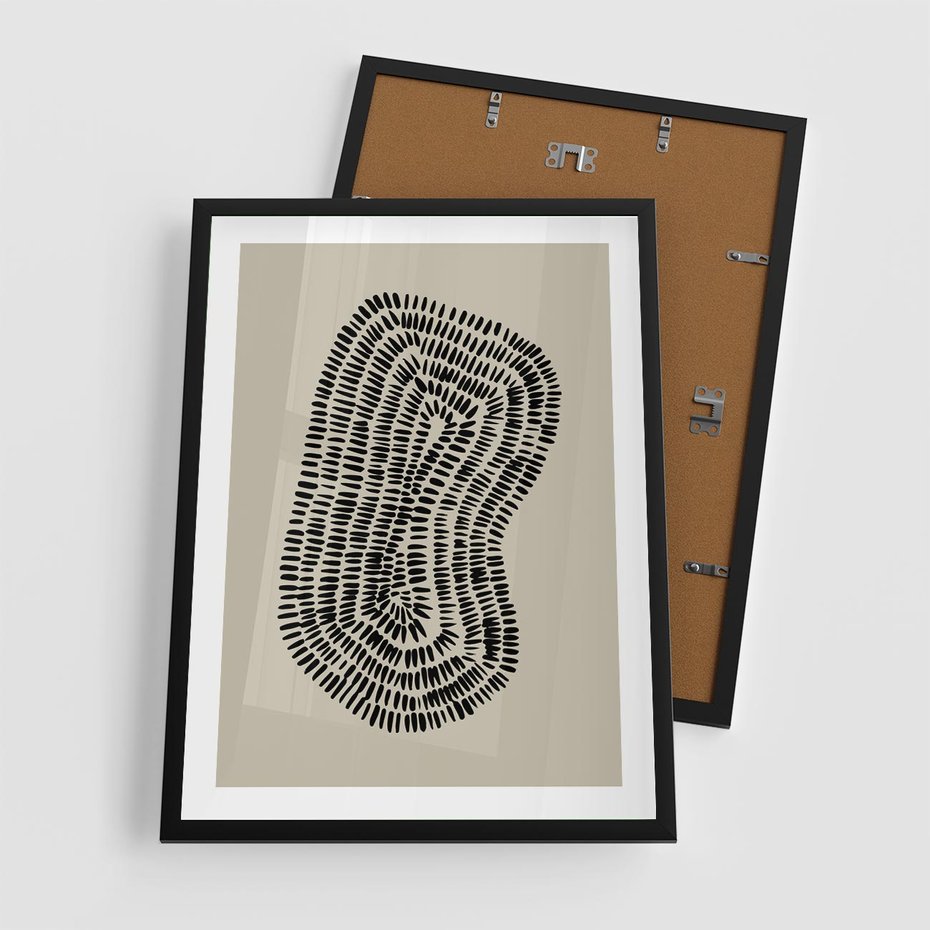Plakat w ramie 50x70 - Nowoczesne Odbicia Wnętrza - boho plakat, czarne kropki kreski - rama czarna