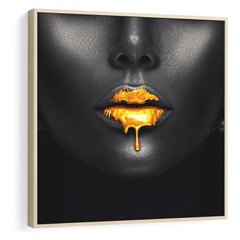 Obraz w ramie 80x80 - Złote Usta Kobiety - złote, usta - rama drewno