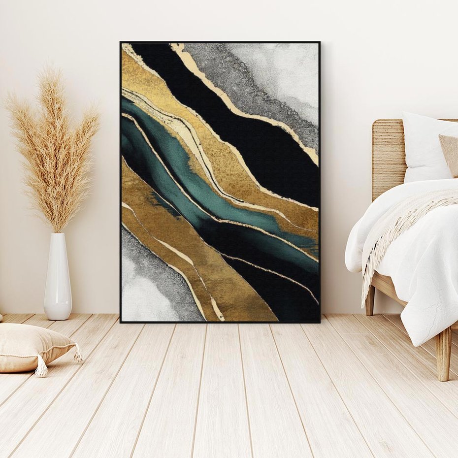 Obraz w ramie 70x100 - Refrakcje płynącej rzeczywistości - jak marmurowa rzeka, linie złota - rama czarna