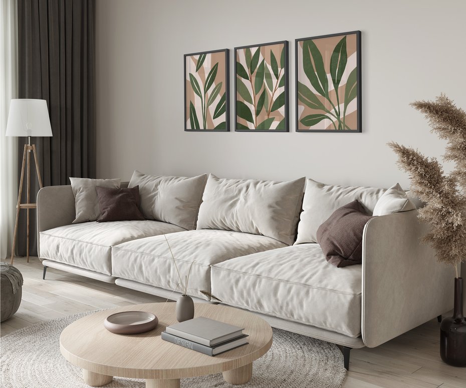 Zestaw obrazy w ramie 50x70 galeria - Liście, graficzne, boho - rama czarna