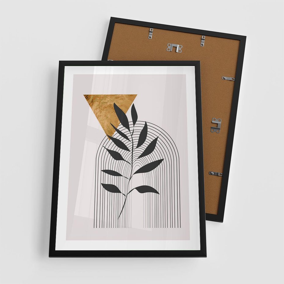 Plakat w ramie 50x70 - Geometria z Elementami Złota i Liści - grafika, złoto - rama czarna