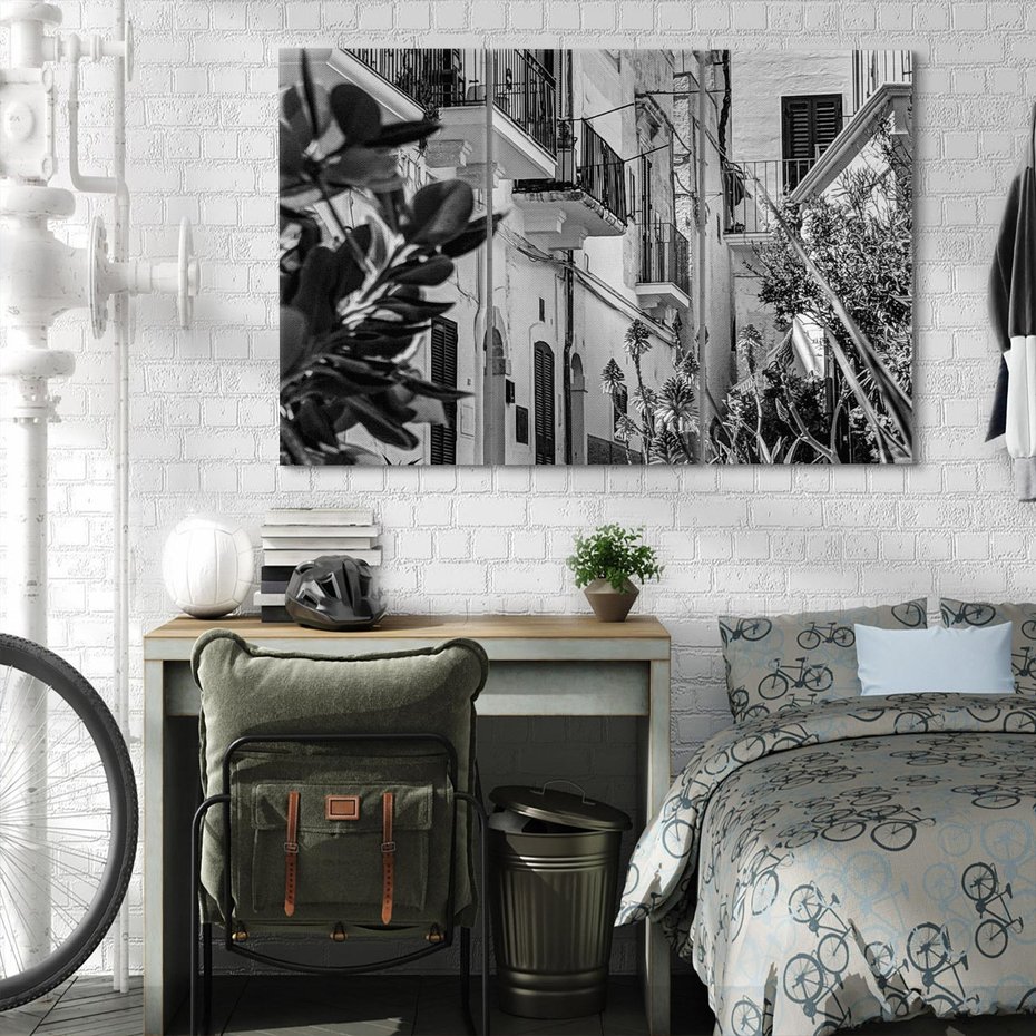 Obraz na płótnie 120x80 - Nadmorska Uliczka - czarno białe zdjecie, uliczka w nadmorskim mieście