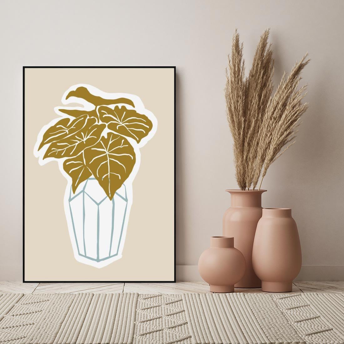 Obraz w ramie 70x100 - Bezgraniczne Marzenia - nowoczesna kompozycja, liście monstery w wazonie - rama czarna