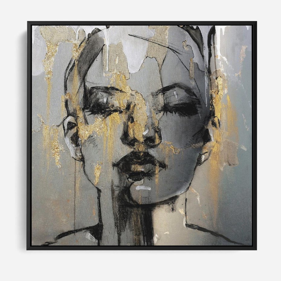 Obraz w ramie 50x50 - Kobieta - Abstrakcyjne Malowidło - złote, usta abstrakcja - rama czarna