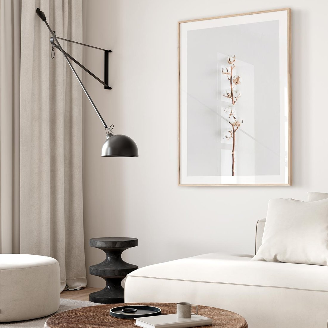 Plakat w ramie 50x70 - Minimalistyczna Gałązka Bawełny - bawełna, gałązka bawełny - rama drewno