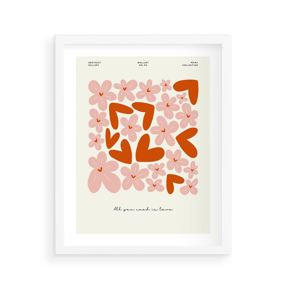 Plakat w ramie 40x50 - Miłość w Kompozycji - grafika, kompozycja kwiaty i serca - rama biała