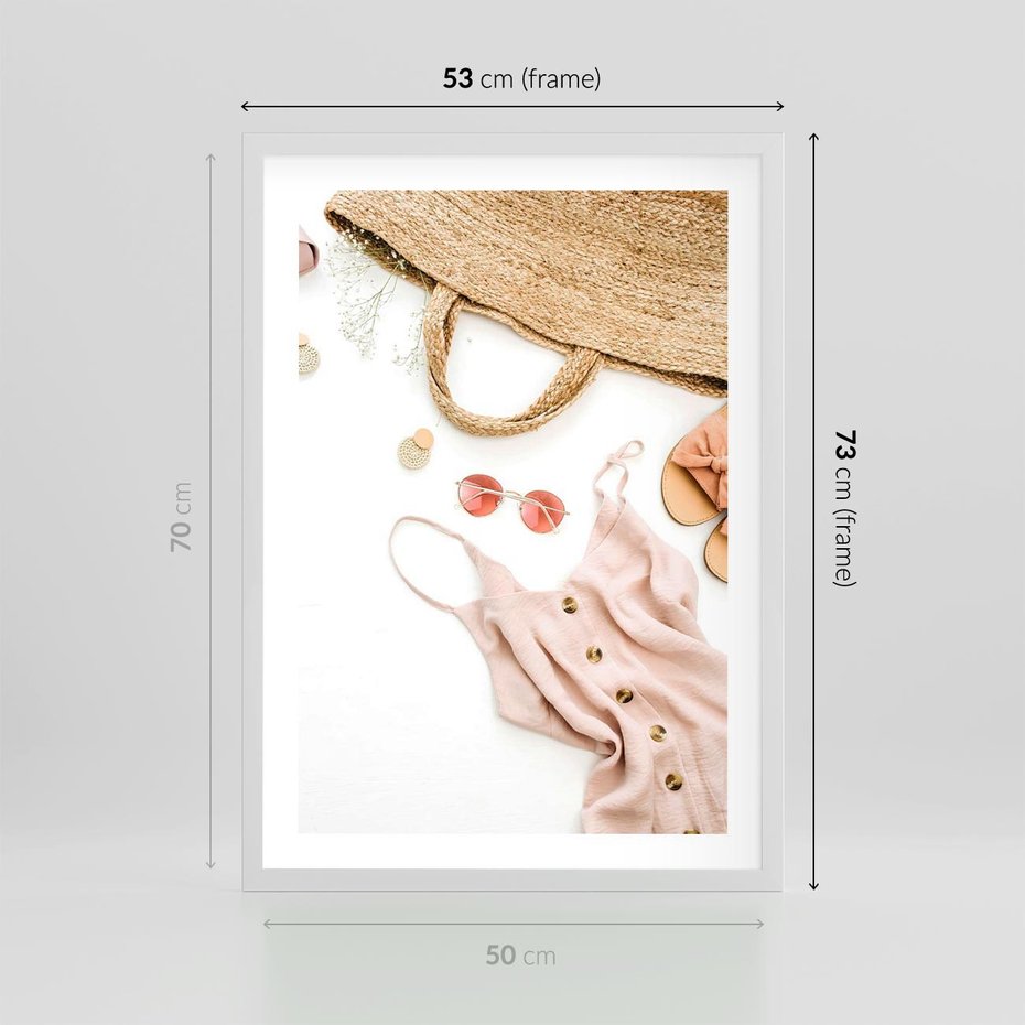 Plakat w ramie 50x70 - Moda na Plażę - kompozycja fashion, sukienka - rama biała
