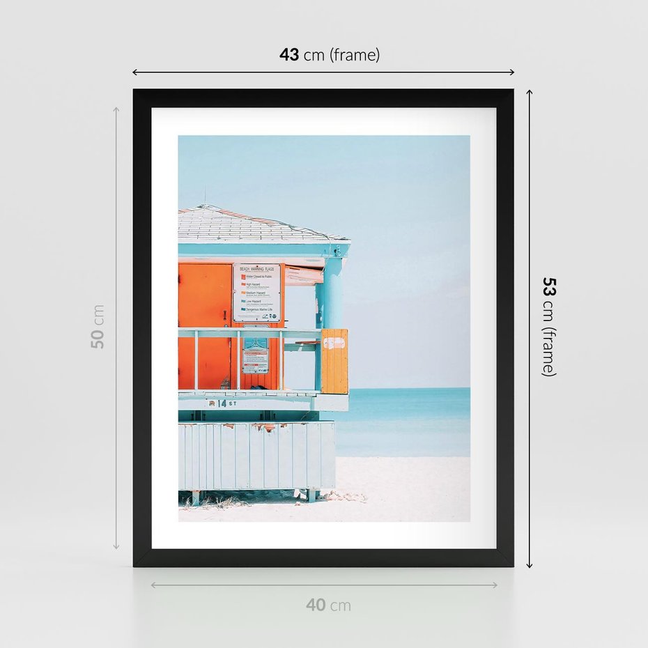 Plakat w ramie 40x50 - Letnia Idylla - plaża, domek na plaży - rama czarna