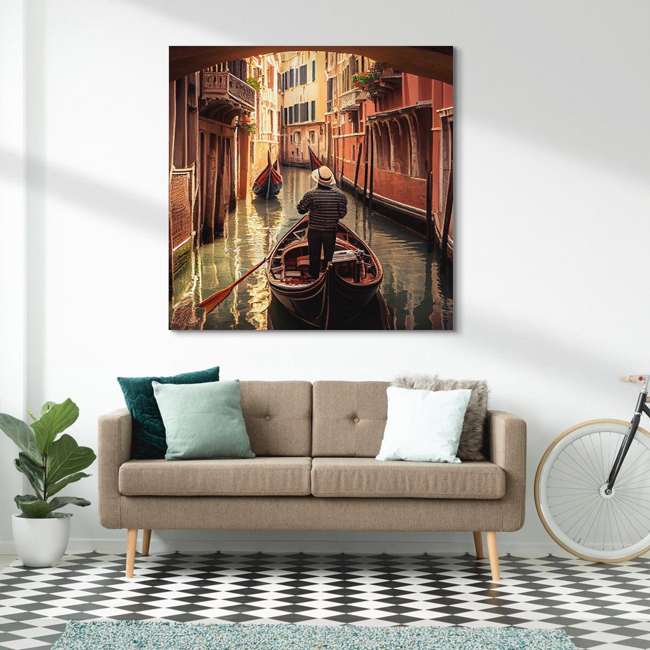 Obraz na płótnie 40x40 - Spokojna Wenecja - gondolier w gondoli, kanały Wenecji