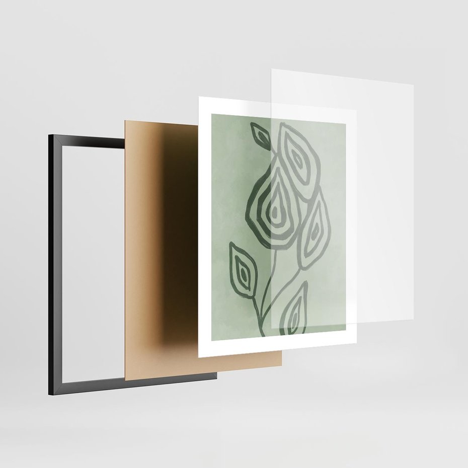 Plakat w ramie 40x50 - Szmaragdowy Oddech - abstrakcyjne delikatne zielone linie, podobne do gałęzi kwiatów - rama czarna