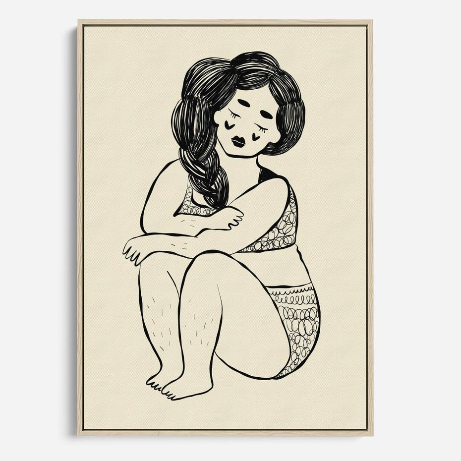 Obraz w ramie 80x120 - Migotliwe Refleksje - nowoczesny minimalistyczny rysunek, dziewczyna w bieliźnie - rama drewno