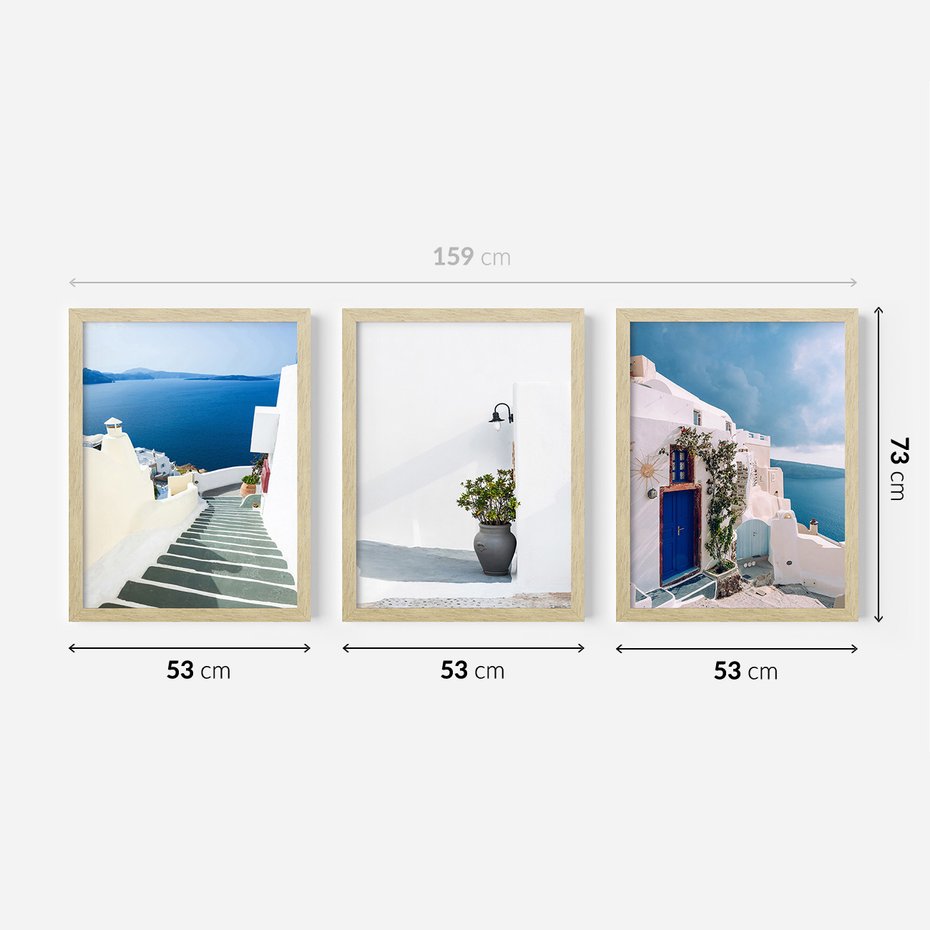 Zestaw obrazy w ramie 50x70 galeria - Santorini, białe, domki, morze - rama drewno