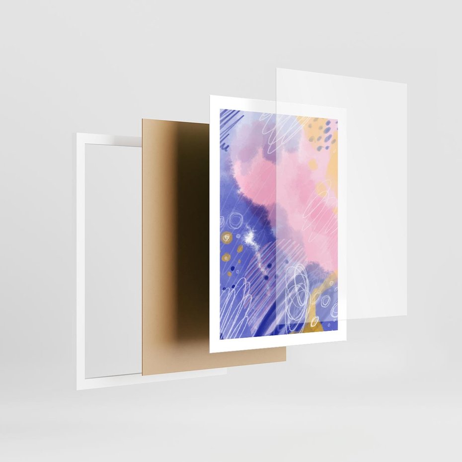 Plakat w ramie 50x70 - Migocące Granice Kształtów - abstrakcyjny plakat, pastelowe kolory - rama biała