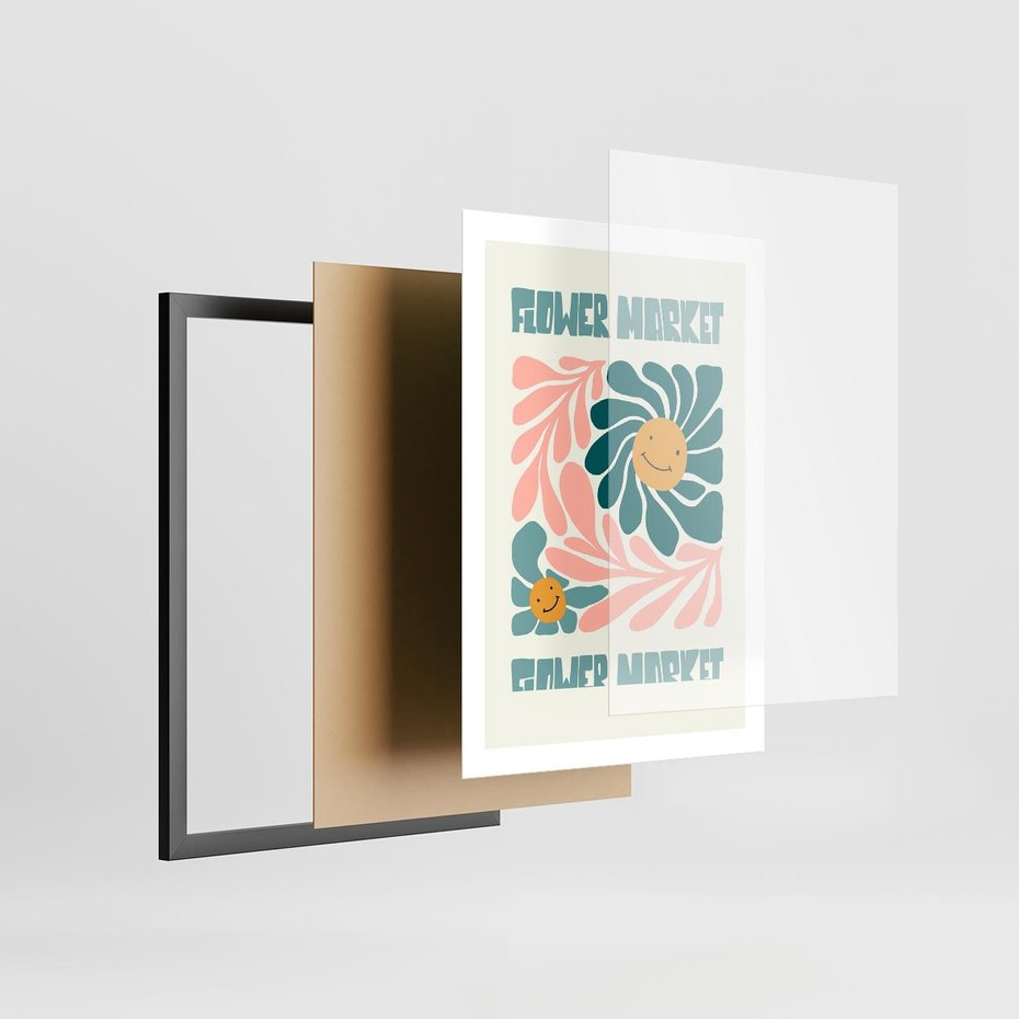 Plakat w ramie 50x70 - Harmonia płatków kwiatów - kwiatowa retro kompozycja, pastelowe kolory - rama czarna