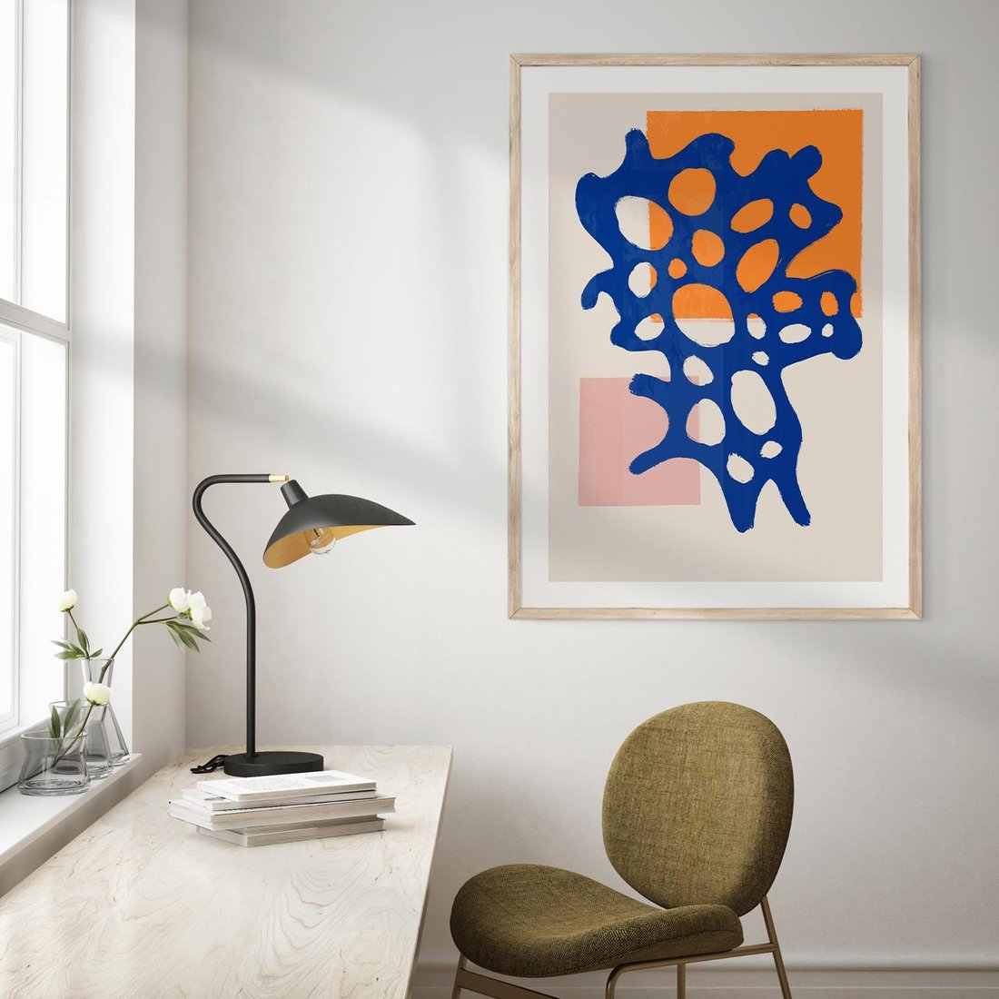 Plakat w ramie 30x40 - Migotliwe Nastroje - abstrakcyjna niebieska forma, dziwne kształty - rama drewno