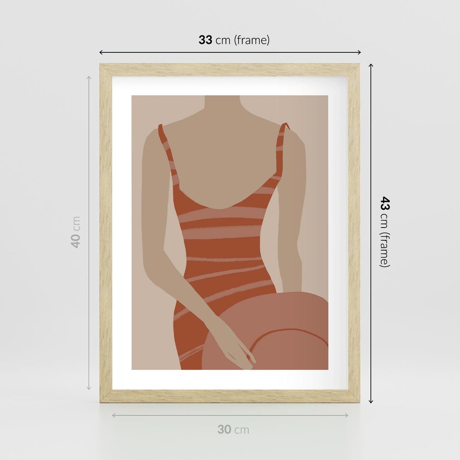 Plakat w ramie 30x40 - Kobiece Retro - minimalistyczny boho plakat, retro kobieta w stroju kąpielowym - rama drewno