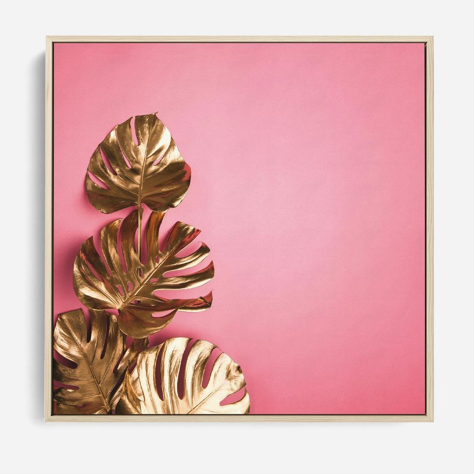 Obraz w ramie 80x80 - Luksusowa Elegancja - złote, liście - rama drewno