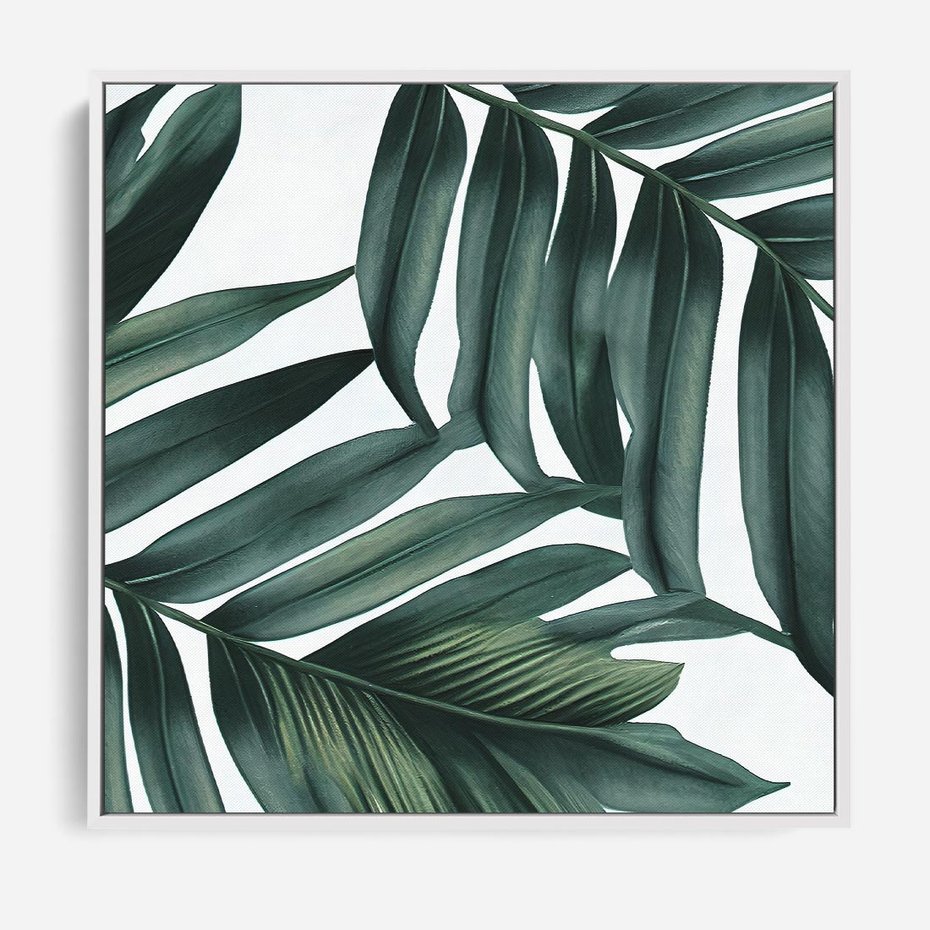 Obraz w ramie 80x80 - Ruchome liście czasu - liście palmy, tropikalne - rama biała