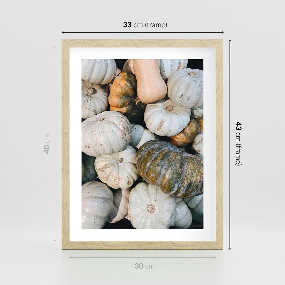 Plakat w ramie 30x40 - Minimalizm Jesieni - dynie, białe - rama drewno