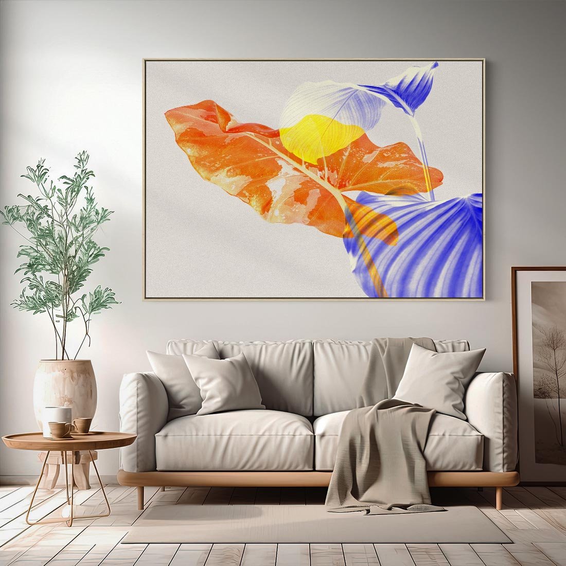 Obraz w ramie 70x50 - Energetyczne Indygo - retro, tropikalne liście - rama drewno