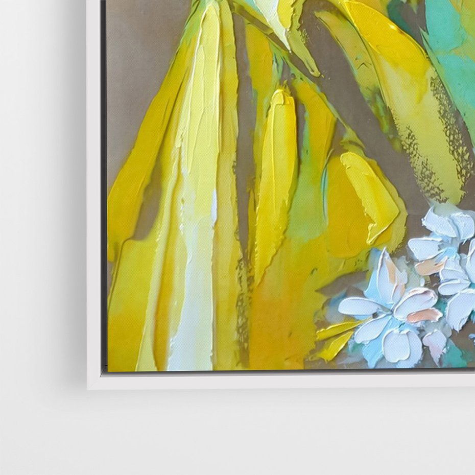 Obraz w ramie 70x100 - W Żółtej Sukience - olejny abstrakcyjny obraz, portret kobiety w żółtej sukience - rama biała