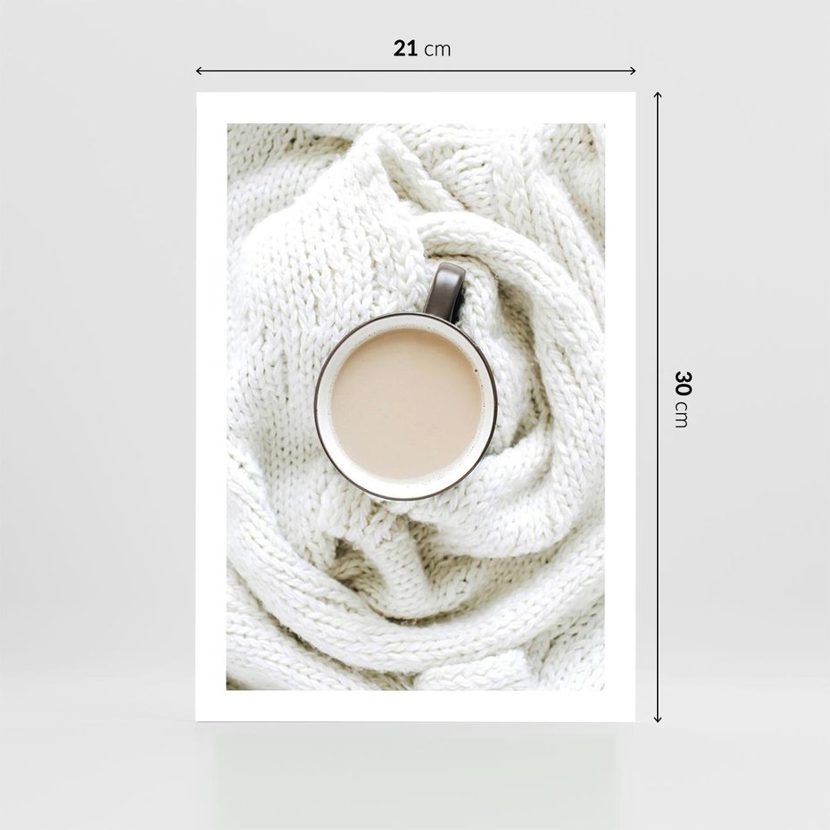 Plakat bez ramy 21x30 - Kawa na Wełnianym Kocu - kawa, biały wełniany koc