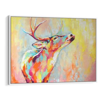 Obraz w ramie 100x70 - Impresje snów malarza - kolorowy olejny obraz, jeleń ryczący na rykowisku - rama biała