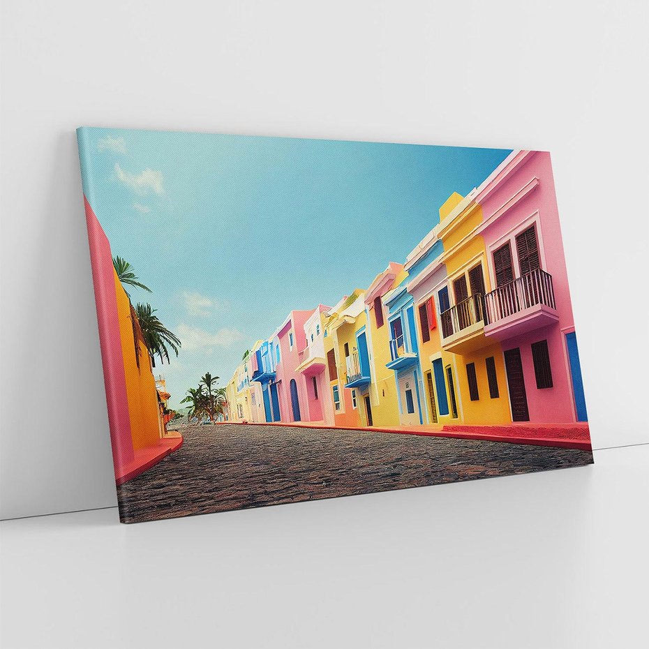 Obraz na płótnie 100x70 - Ekspresja marzeń i tęsknot - pastelowe kolorowe budynki, wzdłuż ulicy