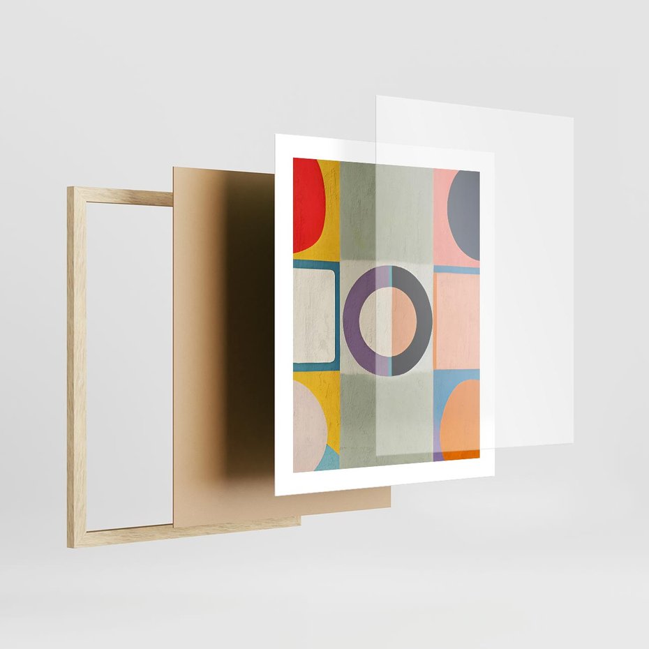 Plakat w ramie 40x50 - Taniec Kształtów Emocji - abstrakcyjne geometryczne kształty, olejny obraz - rama drewno