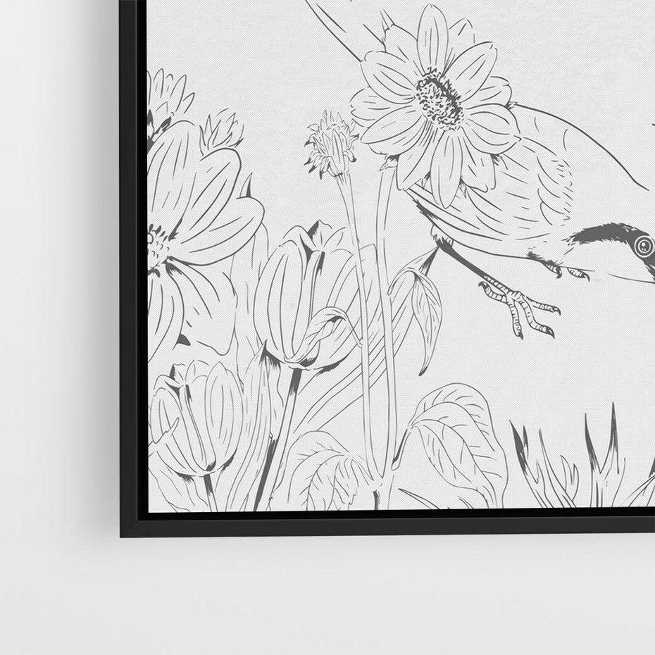 Obraz w ramie 50x50 - Tropiki w Monochromie - czarno biały szkic, tropikalne ptaki - rama czarna