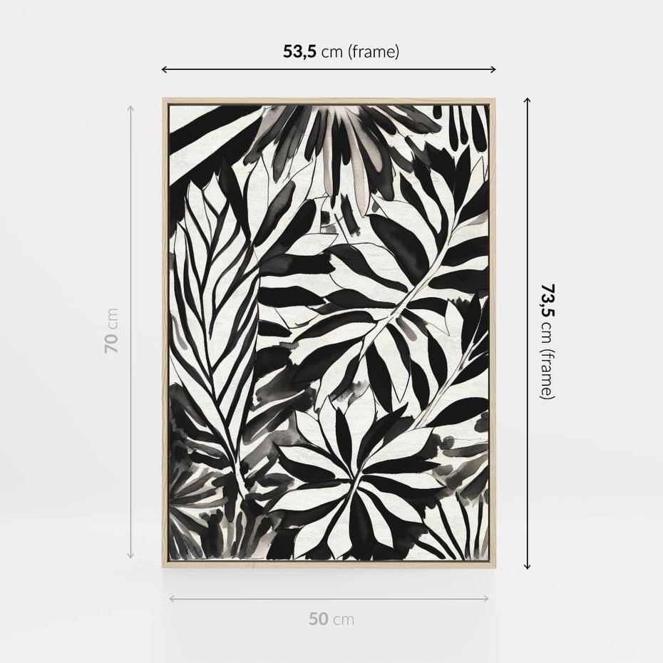 Obraz w ramie 50x70 - Czarne Liście - akwarelowy obraz, czarno biały - rama drewno
