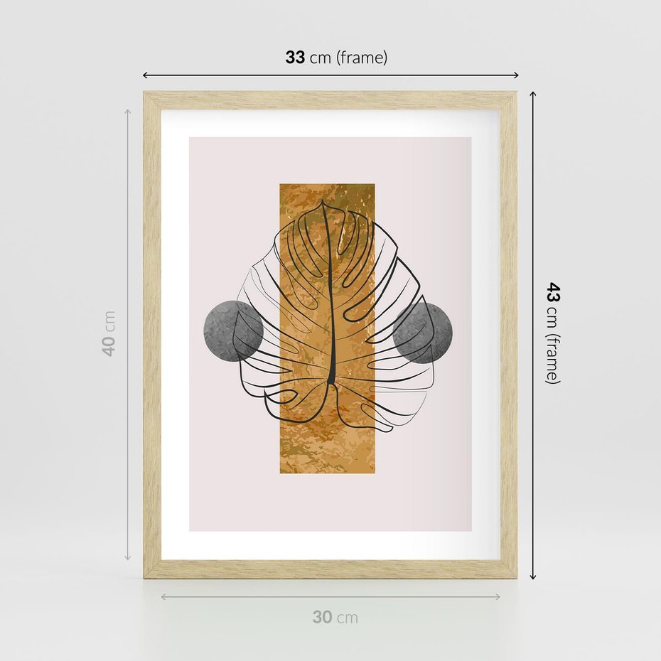 Plakat w ramie 30x40 - Minimalistyczna Monstera: Złoty Prostokąt - liść monstery, minimalizm - rama drewno