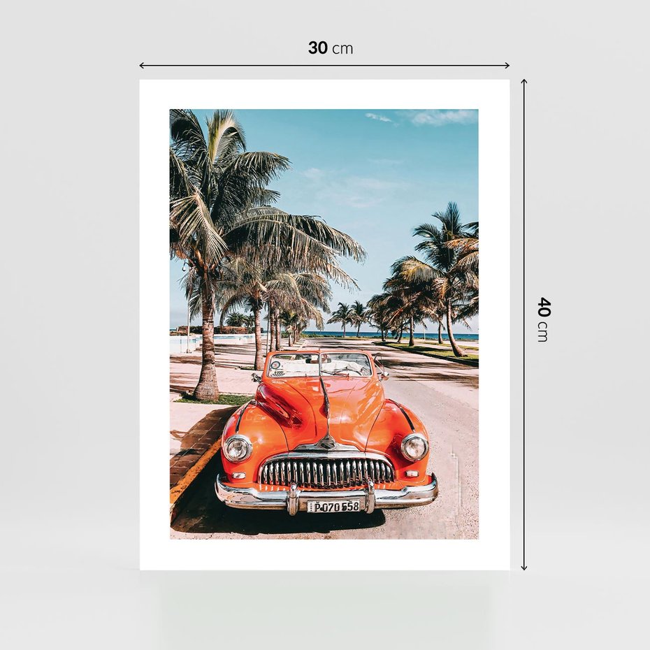 Plakat bez ramy 30x40 - Retro Przejażdżka - pomarańczowy retro samochód, kabriolet