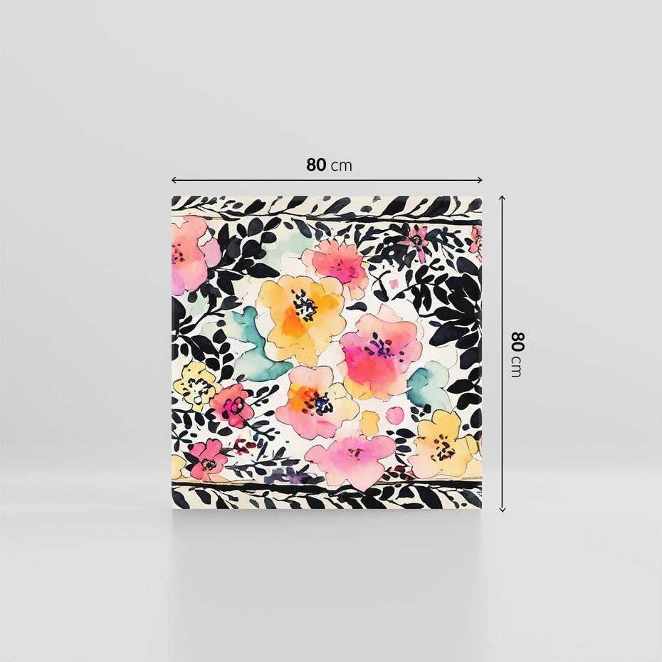 Obraz na płótnie 80x80 - Opowieść w kroplach farb - akwarelowe kwiaty, mocna ornamentowa czarna ramka namalowana dookoła obrazu