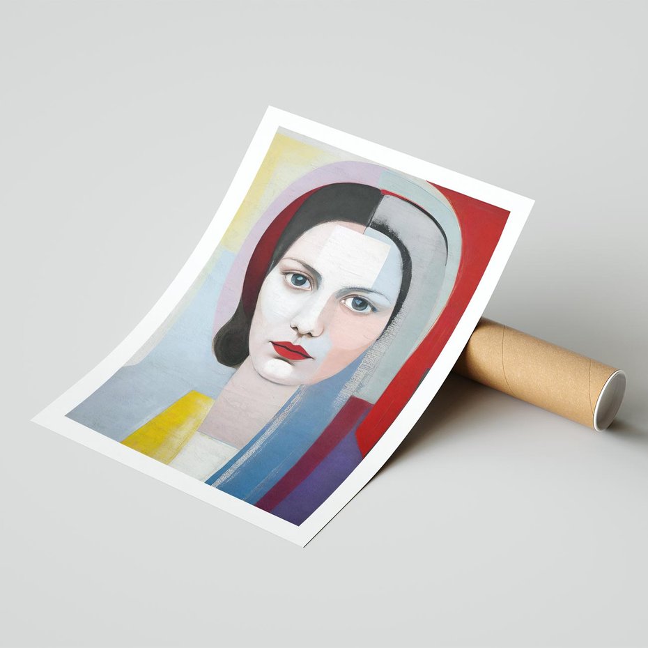 Plakat bez ramy 50x70 - Kolorowe Granice Form - abstrakcyjny obraz olejny, portret twarzy kobiety