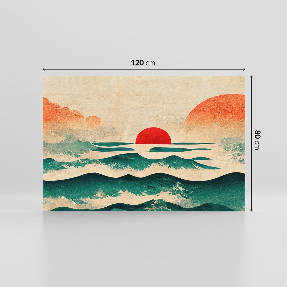 Obraz na płótnie 120x80 - Czerwone Melodie - japońska sztuka, zachód słońca nad oceanem