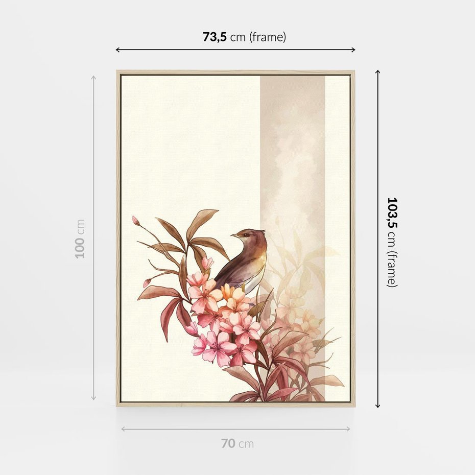 Obraz w ramie 70x100 - Kwiatowe Zanurzenie - japońska sztuka, ptak - rama drewno