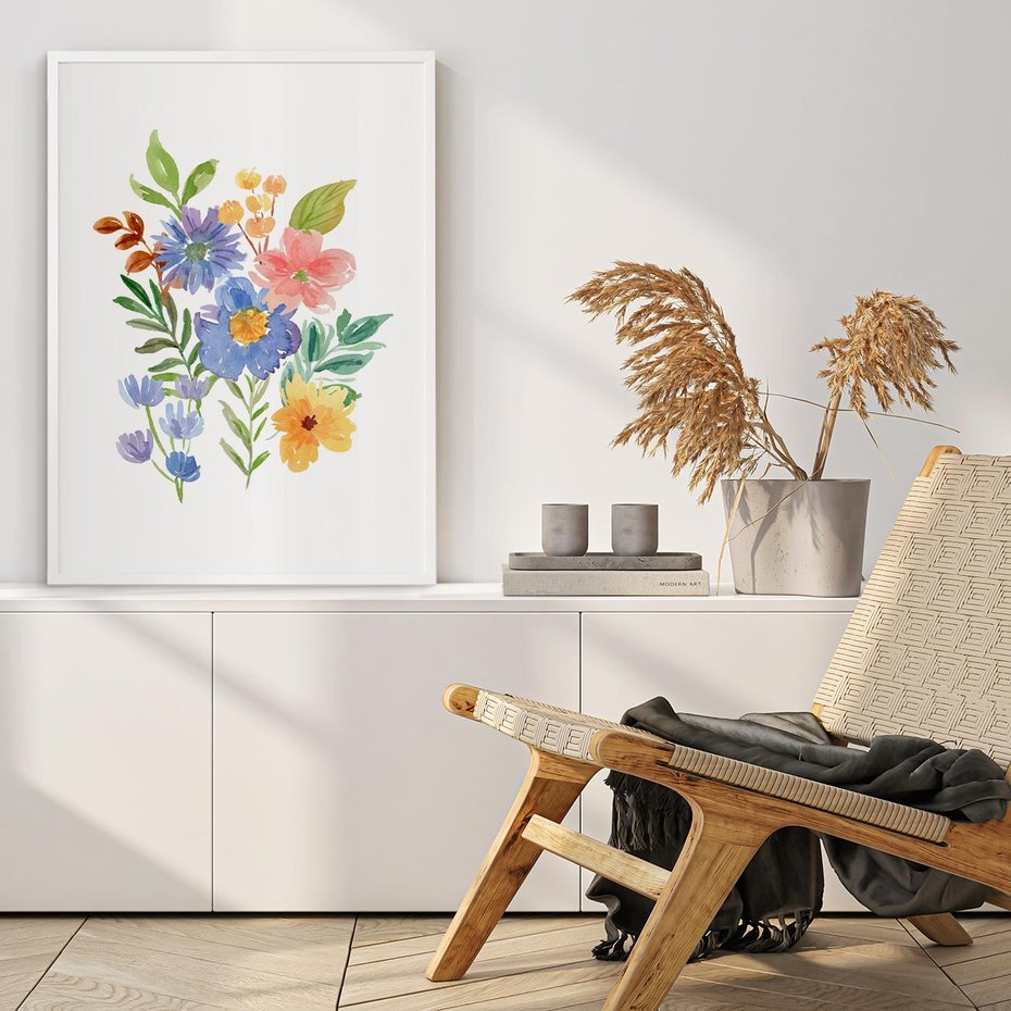Plakat w ramie 30x40 - Kwiatowe Opowieści - akwarelowe polne kwiaty, minimalistyczna sztuka - rama biała
