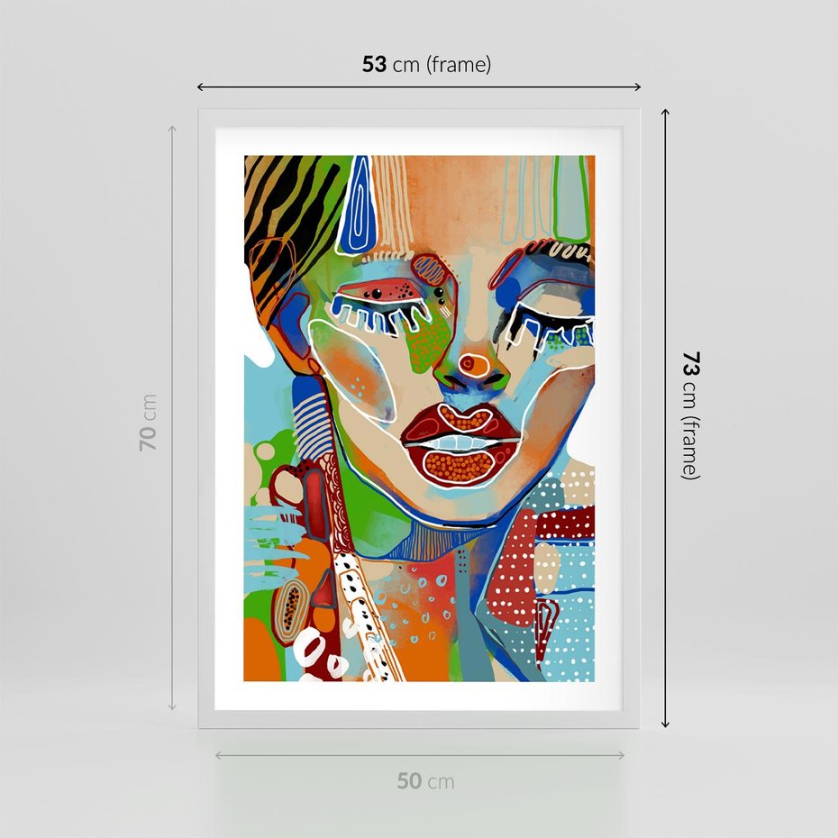 Plakat w ramie 50x70 - Kolorowe Formy - abstrakcyjny portret kobiety, twarz - rama biała