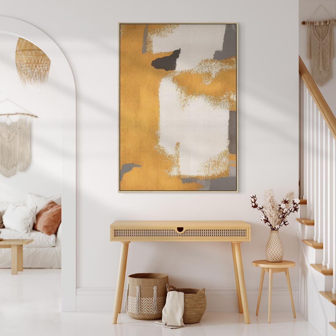 Obraz w ramie 70x100 - Złote Maźnięcia Pędzla - złota abstrakcja, plamy - rama drewno