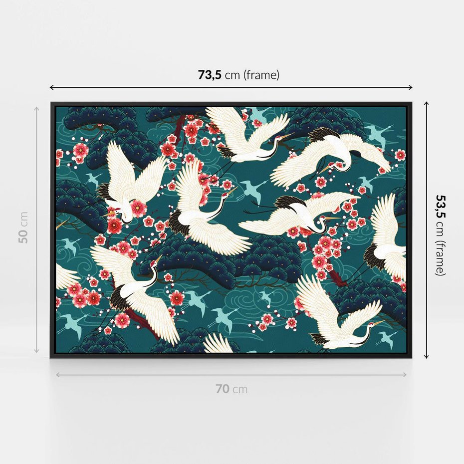 Obraz w ramie 70x50 - Żurawie Wachlarze - orientalne japońskie żurawie, grafika - rama czarna